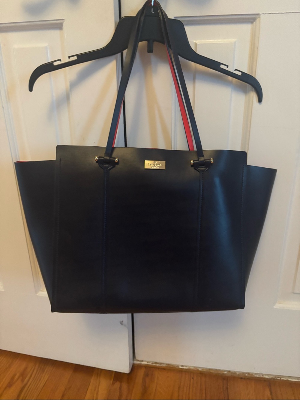 Black Leather Tote Bag with Red-Trim Handles